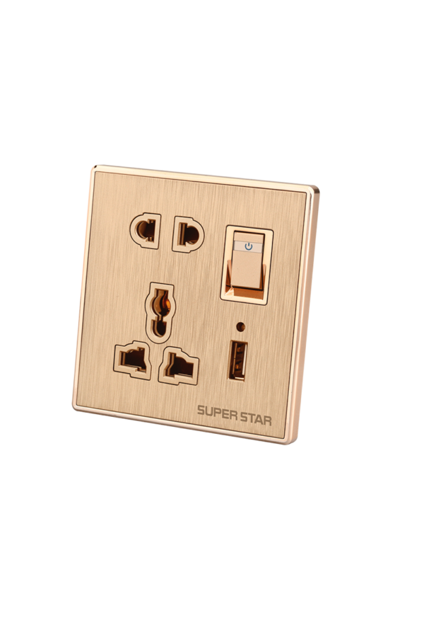 Super Star Glamour 13A 5 Pin 1 USB Port Multi Function Combined Socket with Switch 5Pin Electrical Wall Outlet